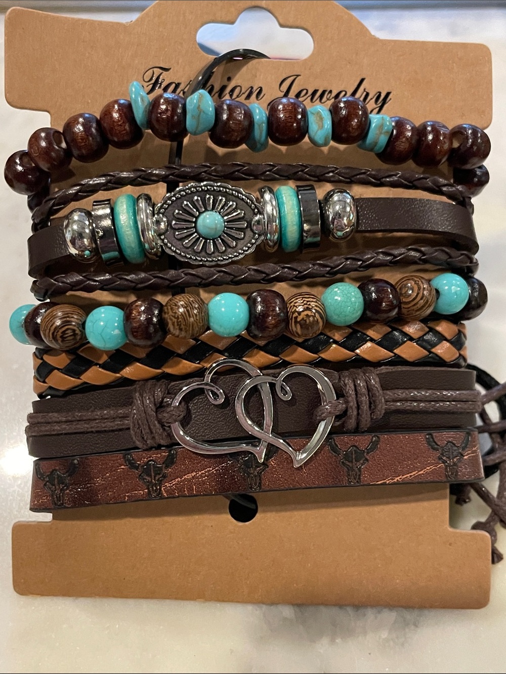Fashion Jewelry Turquoise & Brown Layered Bracelet Set with Silver Accents